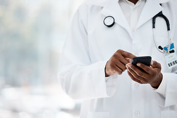 Image showing Phone, hand and doctor browsing social media online using wifi in a medical hospital for research. Analysis, cellphone and typing text for contact in healthcare clinic with the hands of a gp