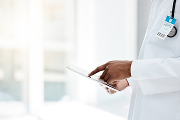 Image showing Doctor, hands and tablet in healthcare research, diagnosis or prescription for medical results at the hospital. Hands of professional GP working on touchscreen for health telecommunication at clinic