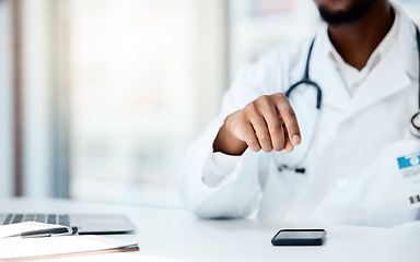 Image showing Doctor, hand and phone for medical browsing online for clinical research in a healthcare hospital. Medicine, man and gp with cellphone search and networking on social media for treatment plan