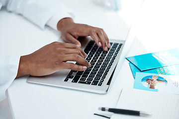 Image showing Hands, covid and laptop with a doctor typing a report or diagnosis for treatment in a hospital office. Computer, documents and medicine with a health professional working in a healthcare clinic