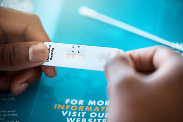 Image showing Covid, antigen test and hand of a patient looking at test results for coronavirus illness and reading pamphlet. Analyse, medical exam and covid19 antibody test on a pcr device for a sick person