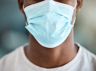 Image showing Face mask safety, covid 19 and closeup black man in wellness protection of global pandemic, health crisis and worldwide emergency problem. Guy in corona virus ppe to stop bacteria, risk and pollution