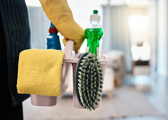 Image showing House, cleaning and hand of cleaner holding bucket of product for hygiene and housework or chores. Fresh, chore and detergent, chemical or antibacterial objects for housekeeper or maid to clean