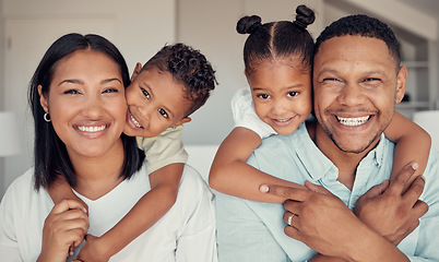 Image showing Black family, children and piggyback at home with a mother, father and kids in the living room together. Portrait, happy and smile with a man, woman and daughter siblings bonding in their house