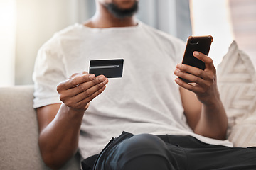 Image showing Credit card, online shopping or ecommerce, man with smartphone and payment, shop with mobile bank app. Buying, electronic purchase with internet banking, finance and technology, transaction and pay.