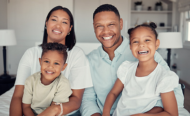 Image showing Family, relax and happy together in home for love, care and support portrait. Black family, smile and parents spend quality time with children on vacation or holiday in family home for happiness