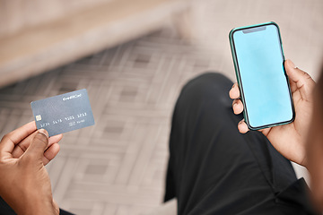 Image showing Hands, phone and credit card for online shopping with green screen for advertising or marketing. Blue screen, mobile and black man on 5g smartphone for payment, investment or internet banking mock up