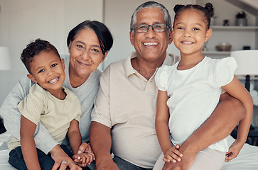 Image showing Family, generations and grandparents with children at family home, love and bonding portrait with happiness. Happy family, smile and relationship with care, relax and spending quality time at home.