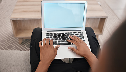 Image showing Hands, typing and laptop mockup screen of black man busy with work, social media or application. Internet, communication and wifi connection of person at home with advertising green screen.