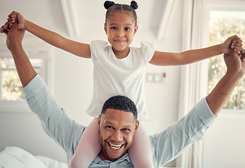 Image showing Home, love and girl on dad shoulder having fun, playing and bonding together for quality time. Affection, black family and portrait of young child and father in living room on weekend in family home