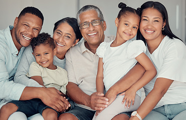 Image showing BIg family portrait, relax and together on sofa in living room at home for love, support and care. Happy, smile and quality time with grandparents, parents and excited children in family home lounge