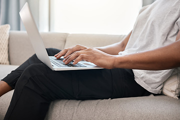 Image showing Laptop, home and hands of black man typing email, social media content writing article or contact social network blog user. Person review online survey data, feedback or working on seo copywriting