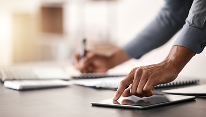 Image showing Businessman hands, tablet and writing notes, planning agenda or analytics at office desk. Closeup writing notebook, digital ideas and online website, internet and economy research of finance manager