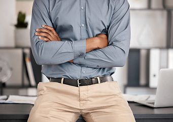 Image showing Business man, arms crossed and corporate manager, financial leadership or trader in modern office. Closeup crossed arms of businessman ceo or accountant working with pride on goals in startup company