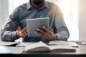 Image showing Fintech, businessman with documents and tablet in office to review financial or b2b investment contract. Budget planning, advisory consultant or research on startup investor portfolio or sales report