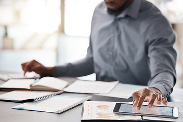 Image showing Businessman, hands and tablet with documents data analysis, company finance budget and fintech accounting software. Black man, technology and paper research chart for digital marketing startup growth