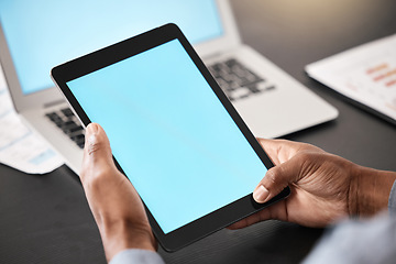 Image showing Hands, tablet and mockup screen at the office for marketing, advertising or social media branding. Hand of business employee holding touchscreen with blue chromakey display on a table for mock up