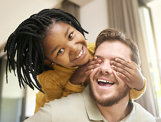 Image showing Adopted child, man or father bonding in fun game in house living room, hotel or family home in hide and seek activity, love and trust. Portrait, smile or playful black girl with foster support parent