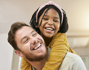 Image showing Father, black girl and piggy back in home having fun and bonding. Family love, adoption and care of happy man carrying foster child in house, enjoying quality time together and playing with a smile.