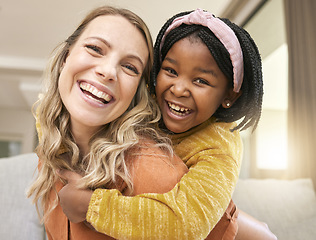 Image showing Portrait, love and family with an adopted girl and foster mother bonding in the living room of their home. Face, smile and piggyback with a woman and daughter in their house together with a smile