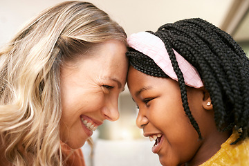 Image showing Bonding, love and girl with a foster mother for safety, care and happiness in a family home. Foster care, happy and African girl with a smile for her mom on mothers day, playful and crazy together