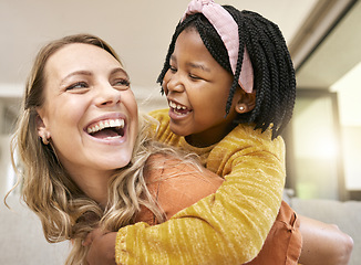 Image showing Piggyback, bonding and mother and child in foster care on mothers day with love, smile and support. Family, interracial and African girl with a playful hug for her mom after adoption in their home