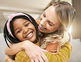 Image showing Happy girl, mom and mothers day in living room sofa, love and relax together in Brazil family home. Young child, smile parent and happiness, adoption and care on lounge couch for fun in family home