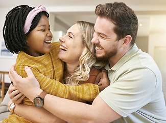 Image showing Adoption, love and family hug in home, bonding and having fun. Support, care and father, mother and foster child or black girl hugging, embrace or cuddle and enjoying quality time together in house.