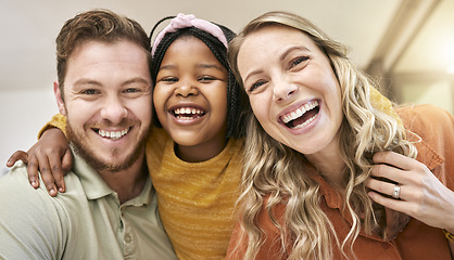 Image showing Family, happiness and love with a portrait for care, support and quality time after adoption with mother, father and foster child together in their home. Face, smile and trust of man, woman and girl