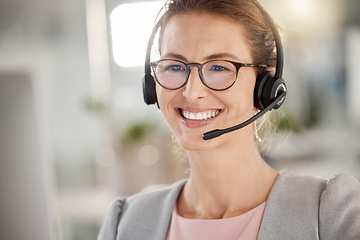 Image showing Business woman in call center, happy customer service support agent in office or working online in Berlin. Professional telemarketing consultant, help desk job or contact us for crm communication