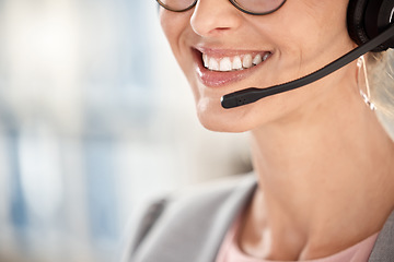 Image showing Woman, smile closeup and call center microphone of customer support employee in office. Telemarketing, call center consultant and crm contact us or sales company insurance phone call on headphones