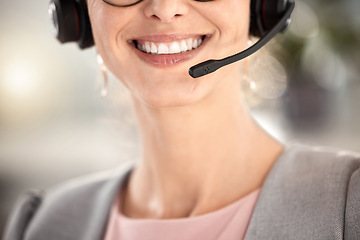 Image showing Call center face, mouth and smile of telemarketing woman, customer service office or communication agency. Closeup happy sales consultant, receptionist and customer support, contact us and consulting