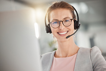 Image showing Telemarketing, customer service and happy woman at call center office pc for online consulting or crm. Contact us, customer support and sale consulting employee working on company deskop computer