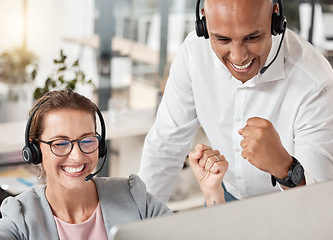 Image showing Call center, celebration and team happy about success, target and sales of a consultant in training with her mentor, coach or manager. Man and woman in telemarketing, CRM and customer service office