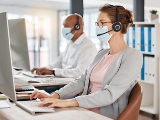 Image showing Covid, compliance and woman in a telemarketing call center networking, talking and helping client with healthcare insurance. Contact us, coronavirus or consultant in a face mask speaking on mic