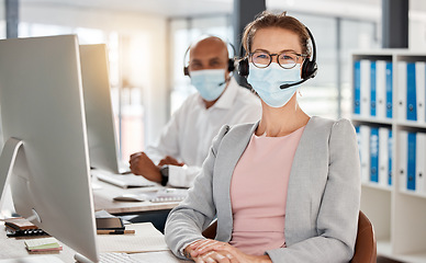 Image showing Covid, call center and portrait in office with medical mask for safety, health and protection from virus at pc. Consultant, telemarketing and workplace people with corona face mask at computer.