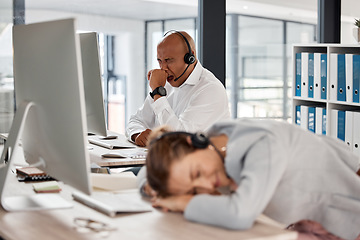 Image showing Call center burnout, tired customer service team and consultant exhausted after crm consulting, working or customer support. Telemarketing, online help desk and sleeping agent with overtime fatigue