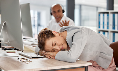 Image showing Tired, burnout and sleeping call center worker in consulting office exhausted on overtime shift. Sleep, overworked and mental health problem of telemarketing consultant woman resting in workplace.