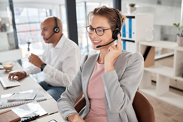 Image showing Call center, support and worker consulting, talking and giving customer service online for telemarketing. Crm, contact us and happy employee in technical support at a corporate communication agency