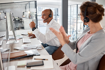 Image showing Call center, celebrate and applause for target, sale and success in telemarketing, customer support and telecom company. Happy employees at CRM contact us office in celebration for bonus achievement