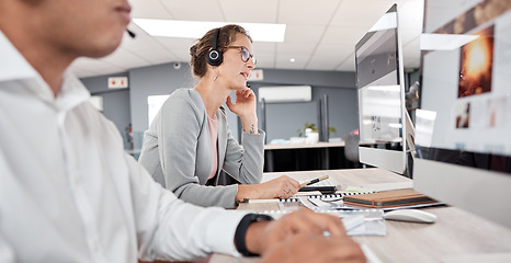 Image showing Call center, computer and woman, working or telemarketing agency for customer service advice. Contact us, crm and helpdesk with operator or representative female on online conversation for support