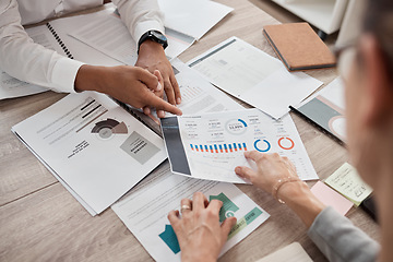 Image showing Team, planning and hands with documents for sales growth, marketing strategy and finance budget in office. Business meeting, collaboration and group project for company expenses and analyzing charts.