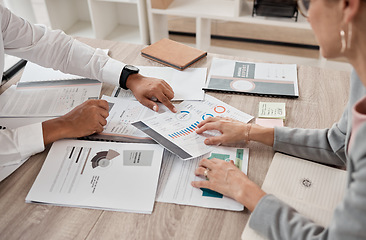 Image showing Hands, marketing and advertising data analysis meeting for financial report and branding for a startup company. Paperwork, chart and business people planning a global seo promotional campaign project