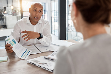 Image showing Business team, meeting and discussion about financial paperwork and data analysis while talking about business proposal, budget and report. Man and woman in office talking while planning a strategy