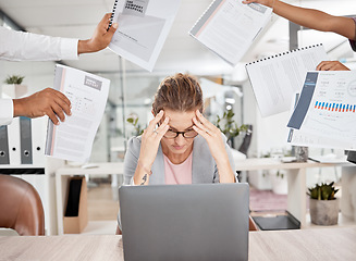 Image showing Stress, burnout and woman with a headache from paperwork deadline and overwhelmed from multitasking workload. Fatigue and frustrated employee with anxiety from office admin and time management chaos