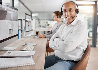 Image showing Call center, pride and employee with arms crossed for telemarketing, customer service and online support with a computer. Contact us, smile and portrait of a consultant in communication on the web