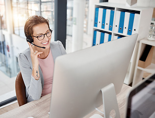 Image showing Call center, customer service and consultant with a business woman at work on a computer in her office. Contact us, crm and telemarketing with a female consulting using a headset for sales or support