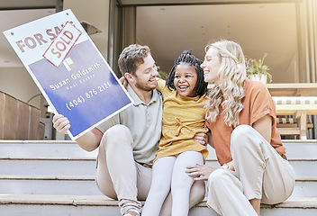 Image showing Sold, real estate and diversity family with new house property, mortgage and investment for a future together with an african child. Happy family or mother, father and girl kid homeowner to new home