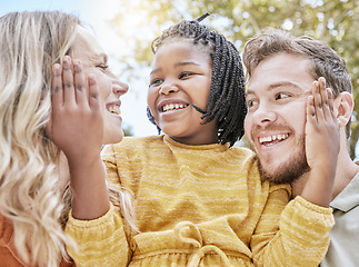 Image showing Mother, father and child in garden, happy family on outdoor picnic in park, positive adoption with love and support. Family, woman and man with small black girl in nature together, happy in summer.