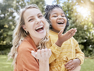 Image showing Adoption, mother and girl outdoor, smile or happy being loving, bonding or happy together. Portrait, adopted child or black girl with foster mother, happiness or love for care, relax and quality time